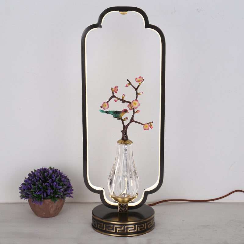 Traditional Chinese Gourd Magpie Deer Crystal Resin Copper Round Base LED Table Lamp For Bedroom