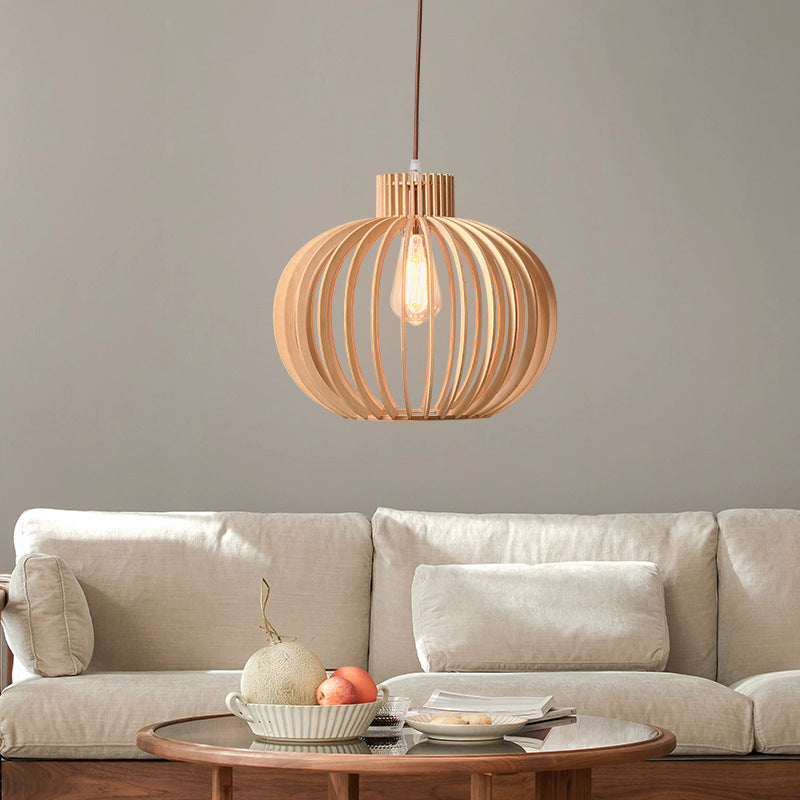 Traditional Japanese Pumpkin Round Solid Wood Lampshade 1 - Light Pendant Light For Dining Room