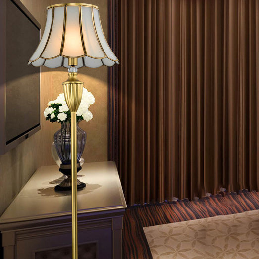 Traditional European Hat Shape Full Copper Glass 1 - Light Standing Floor Lamp For Living Room