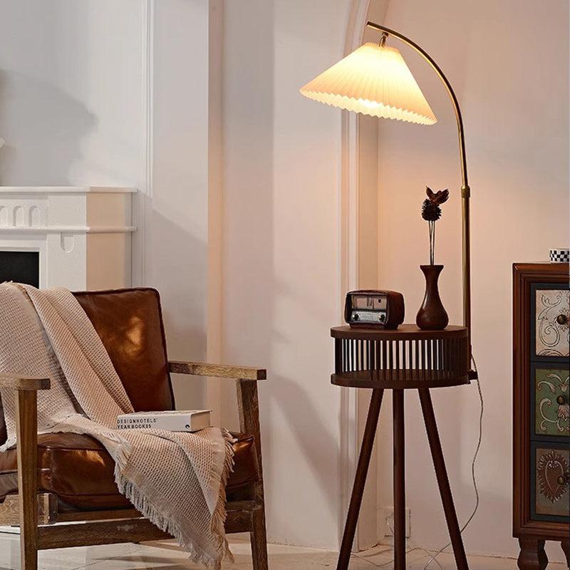 Contemporary Nordic Solid Wood Table Umbrella Fabric Lampshade Hardware 1 - Light Standing Floor Lamp For Living Room