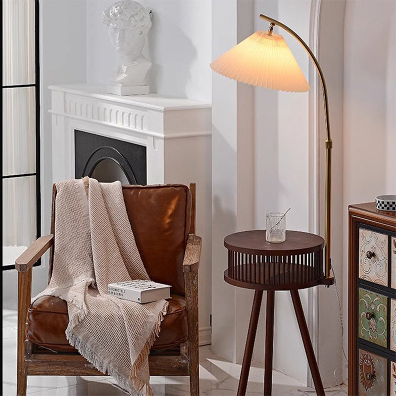 Contemporary Nordic Solid Wood Table Umbrella Fabric Lampshade Hardware 1 - Light Standing Floor Lamp For Living Room