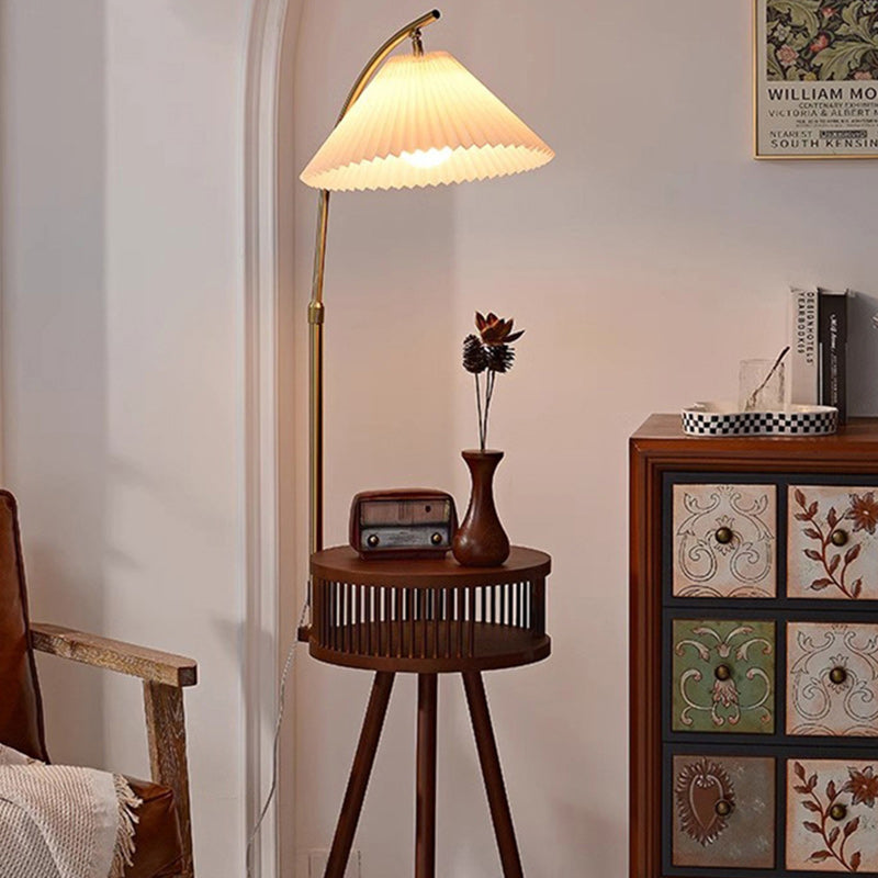 Contemporary Nordic Solid Wood Table Umbrella Fabric Lampshade Hardware 1 - Light Standing Floor Lamp For Living Room