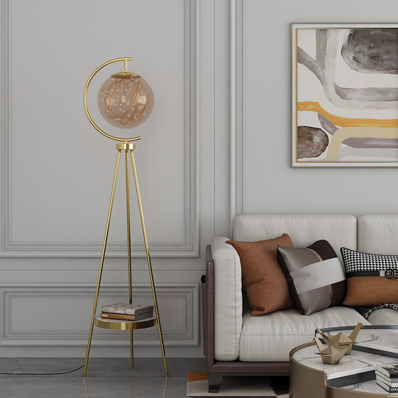 Contemporary Nordic Round Orb Baby's Breath Glass Lampshade Iron Base LED Standing Floor Lamp For Living Room