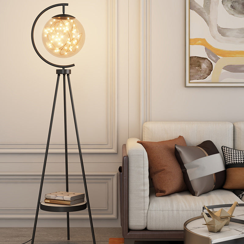 Contemporary Nordic Round Orb Baby's Breath Glass Lampshade Iron Base LED Standing Floor Lamp For Living Room