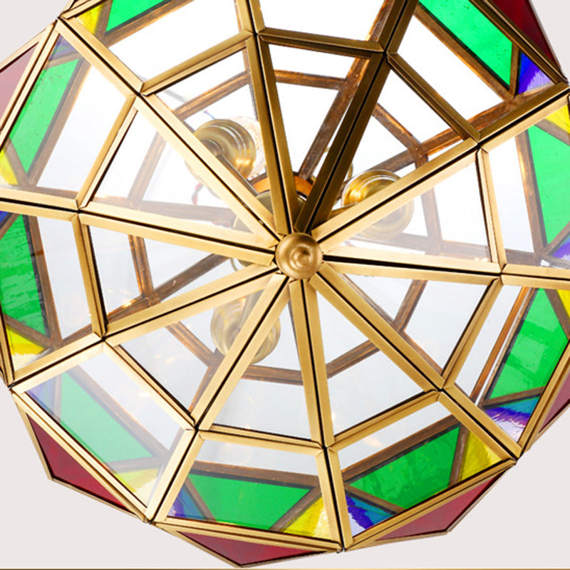 Traditional European Rhombus Diamond Cube Brass Glass Lampshade 3 - Light Pendant Light For Living Room