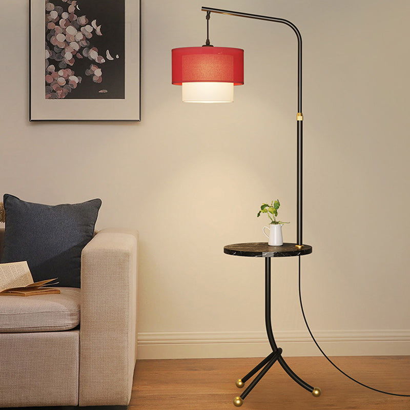 Contemporary Nordic Iron Base Marble Table Round Fabric Lampshade 1 - Light Standing Floor Lamp For Living Room