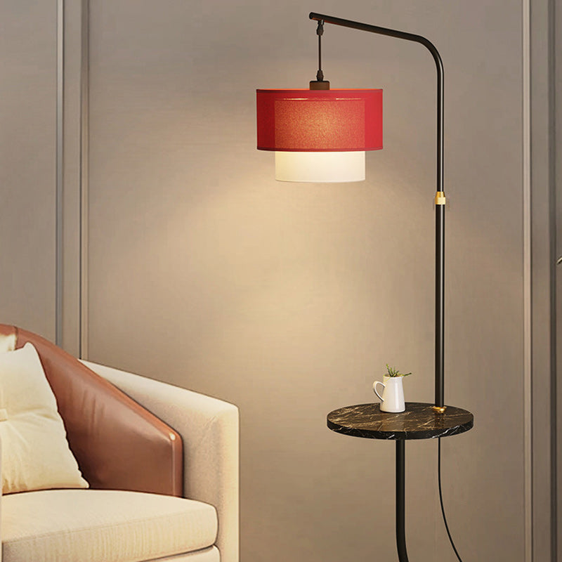 Contemporary Nordic Iron Base Marble Table Round Fabric Lampshade 1 - Light Standing Floor Lamp For Living Room