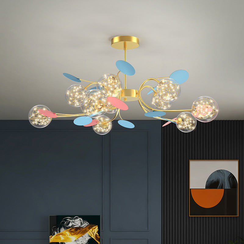Contemporary Nordic Dome Baby's Breath Orbs Branch Curved Rod Iron Glass LED Chandeliers For Living Room