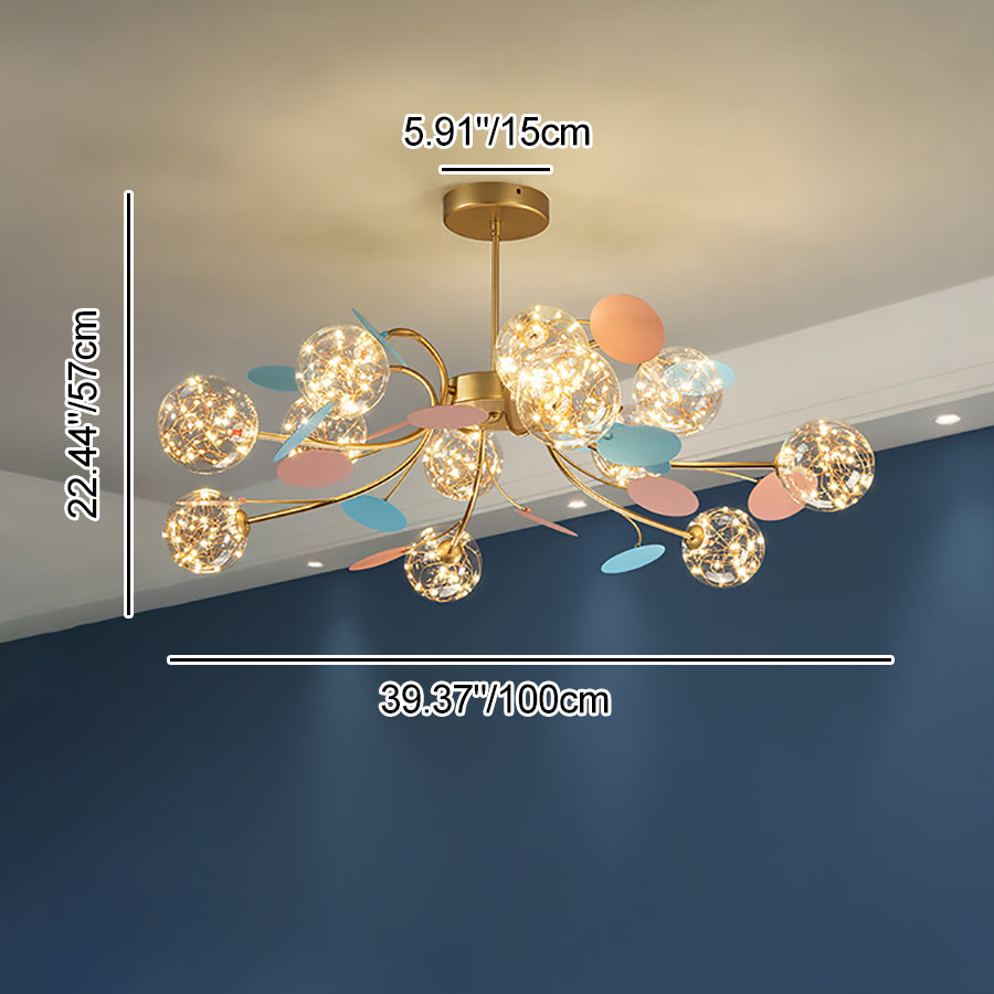 Contemporary Nordic Dome Baby's Breath Orbs Branch Curved Rod Iron Glass LED Chandeliers For Living Room