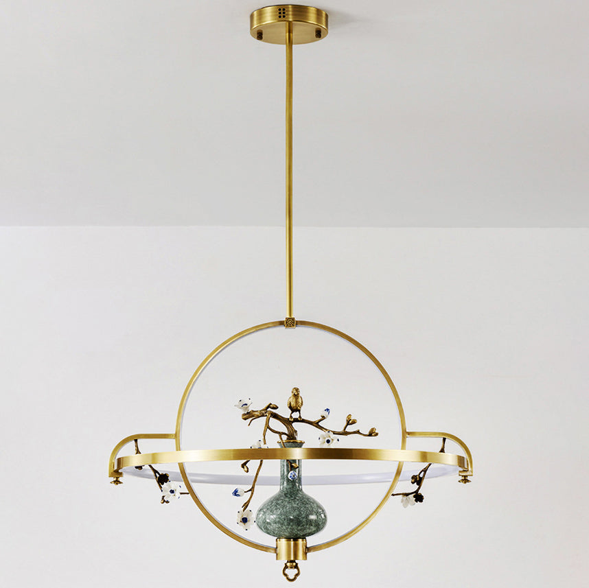 Traditional Chinese Dome Round Magnolia Plum Blossom Ceramic Vase Copper Silicone LED Chandeliers For Dining Room