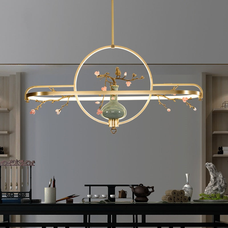 Traditional Chinese Dome Round Magnolia Plum Blossom Ceramic Vase Copper Silicone LED Chandeliers For Dining Room