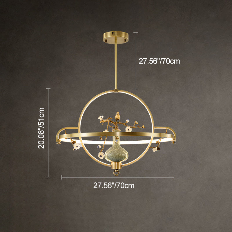Traditional Chinese Dome Round Magnolia Plum Blossom Ceramic Vase Copper Silicone LED Chandeliers For Dining Room