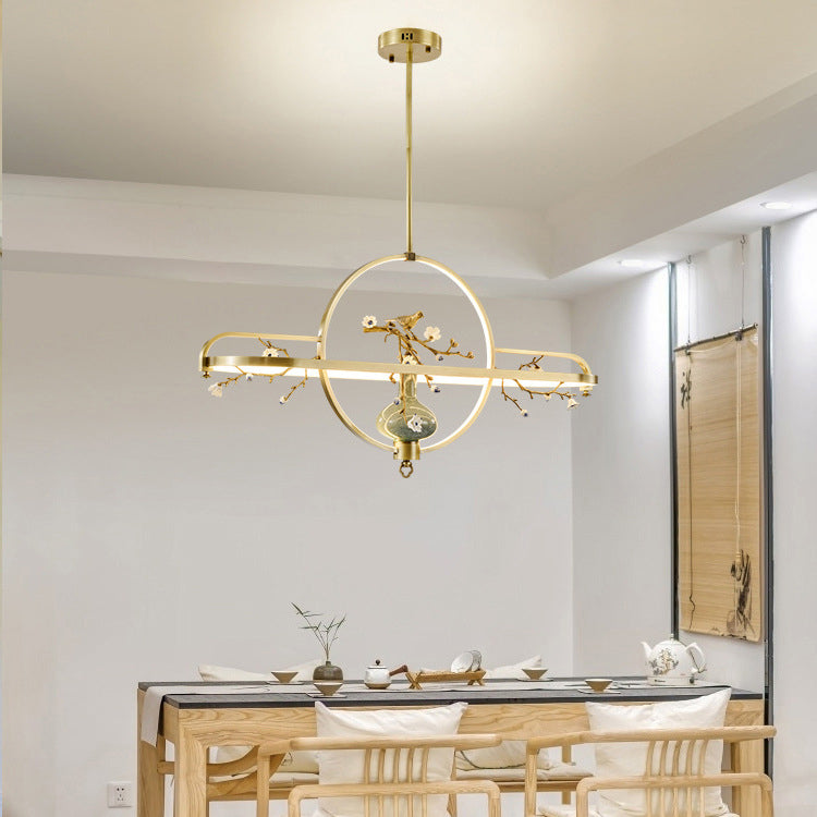 Traditional Chinese Dome Round Magnolia Plum Blossom Ceramic Vase Copper Silicone LED Chandeliers For Dining Room