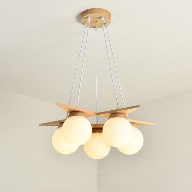 Contemporary Nordic Dome Orbs Rubber Wood Glass 3/5 - Light Chandelier For Dining Room