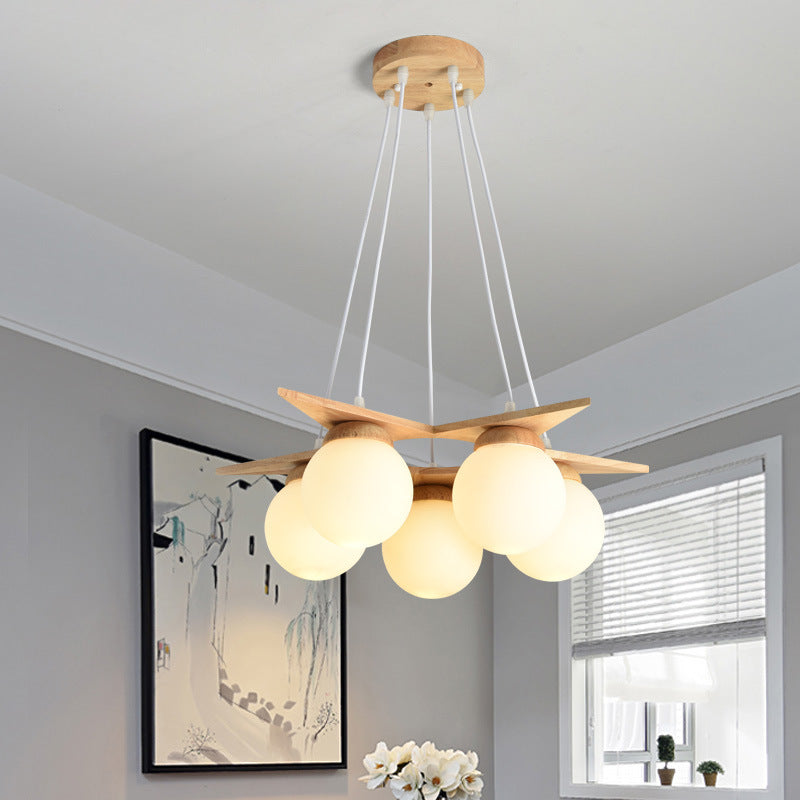 Contemporary Nordic Dome Orbs Rubber Wood Glass 3/5 - Light Chandelier For Dining Room