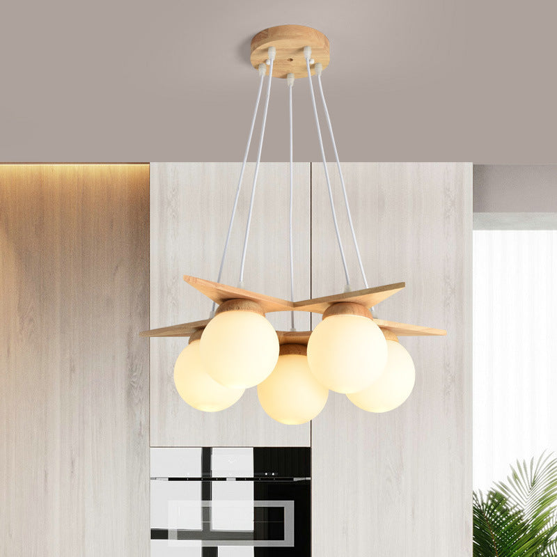 Contemporary Nordic Dome Orbs Rubber Wood Glass 3/5 - Light Chandelier For Dining Room