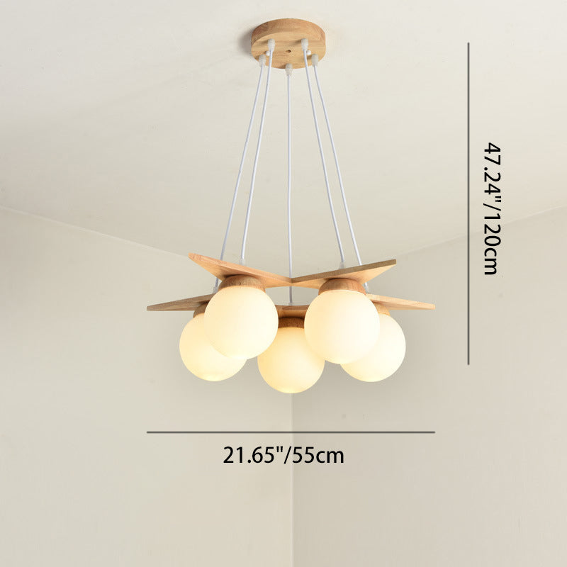 Contemporary Nordic Dome Orbs Rubber Wood Glass 3/5 - Light Chandelier For Dining Room