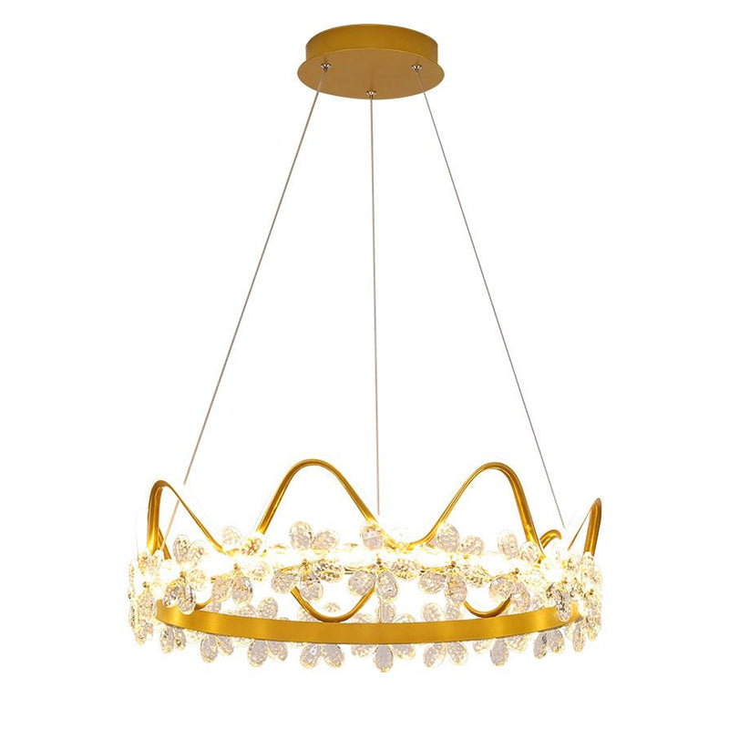 ثريات LED من الألومنيوم الكريستالي بتصميم تاج دائري معاصر لغرفة الطعام
