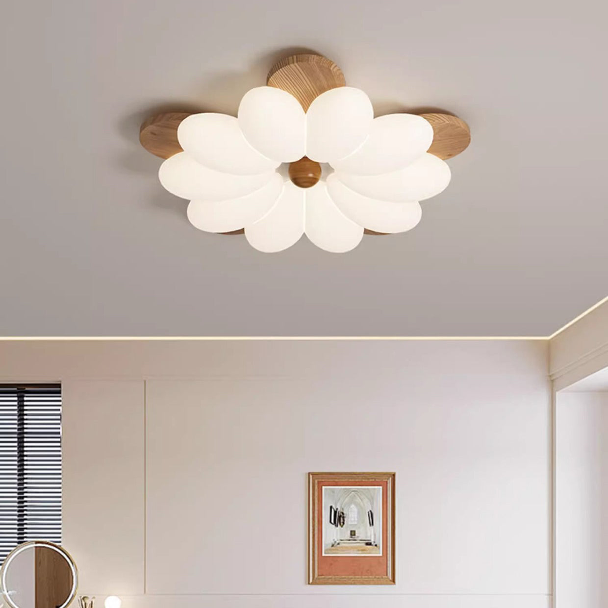Contemporary Nordic Flowers Solid Wood PE LED Flush Mount Ceiling Light For Bedroom
