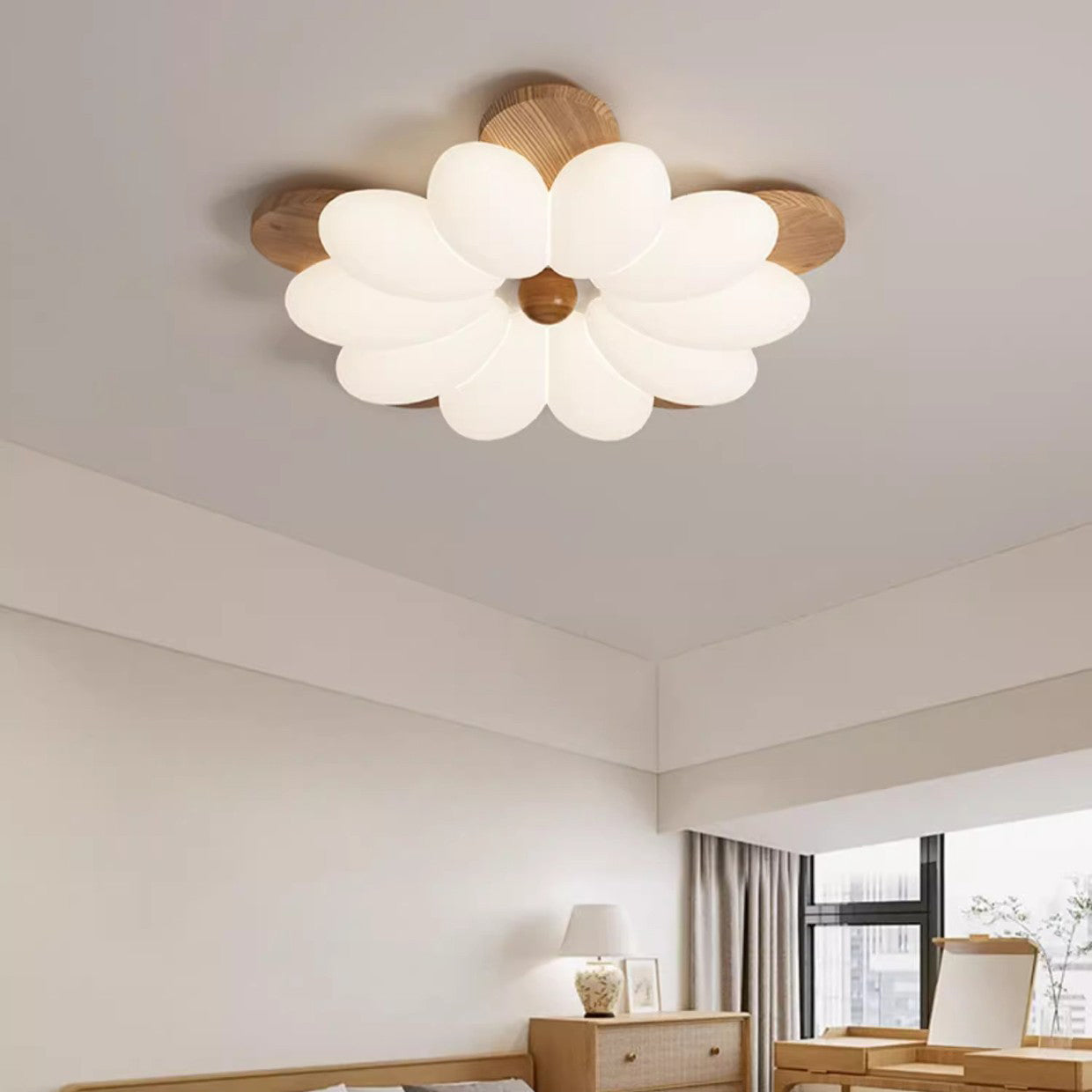 Contemporary Nordic Flowers Solid Wood PE LED Flush Mount Ceiling Light For Bedroom