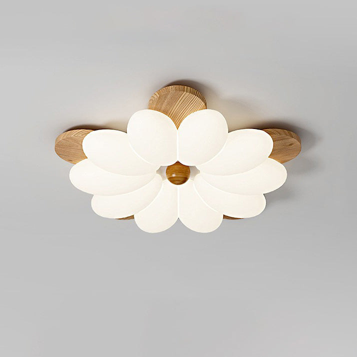 Contemporary Nordic Flowers Solid Wood PE LED Flush Mount Ceiling Light For Bedroom