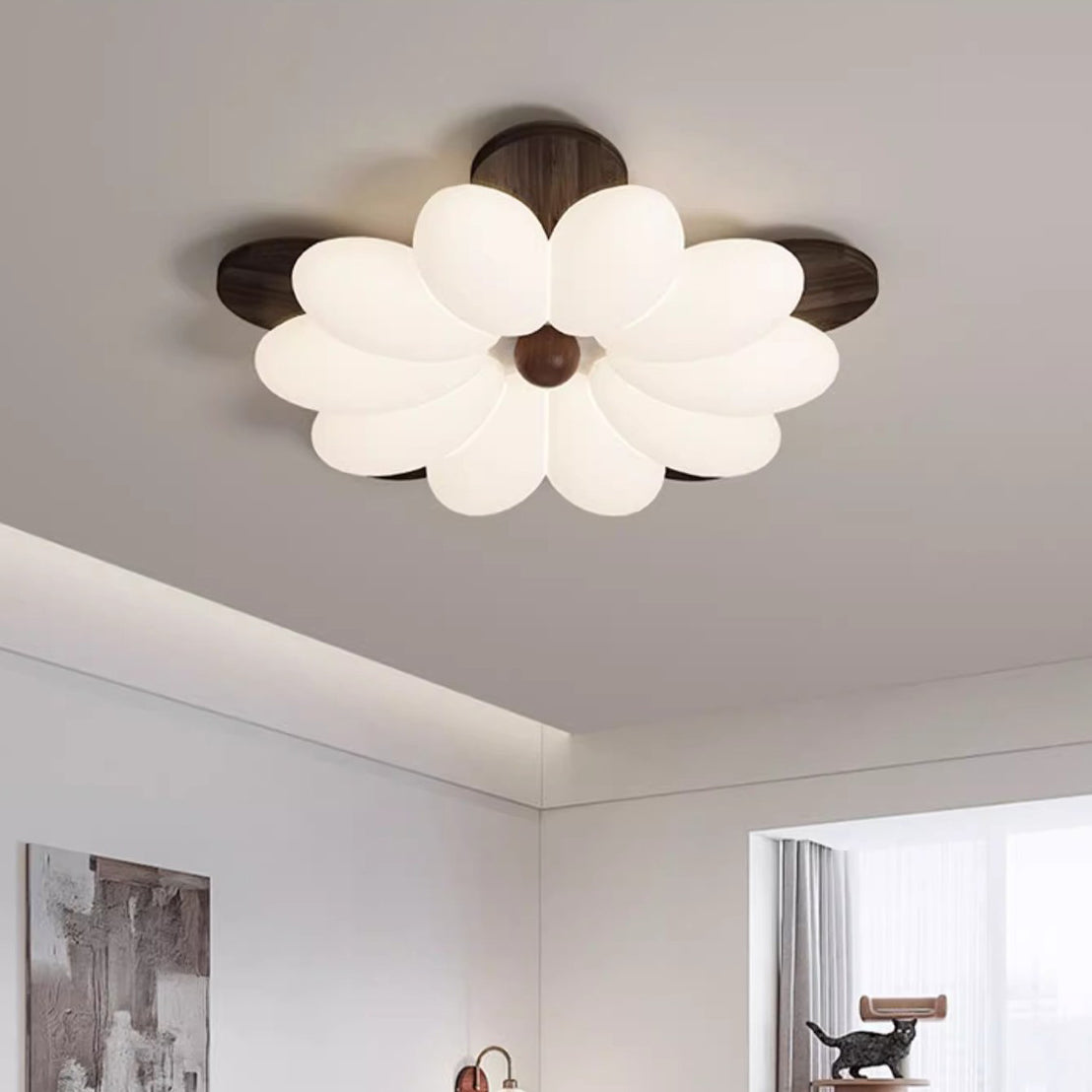 Contemporary Nordic Flowers Solid Wood PE LED Flush Mount Ceiling Light For Bedroom