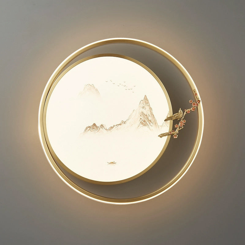 Traditional Chinese Round Feathers Magpie Lotus Fan Acrylic Copper LED Flush Mount Ceiling Light For Bedroom