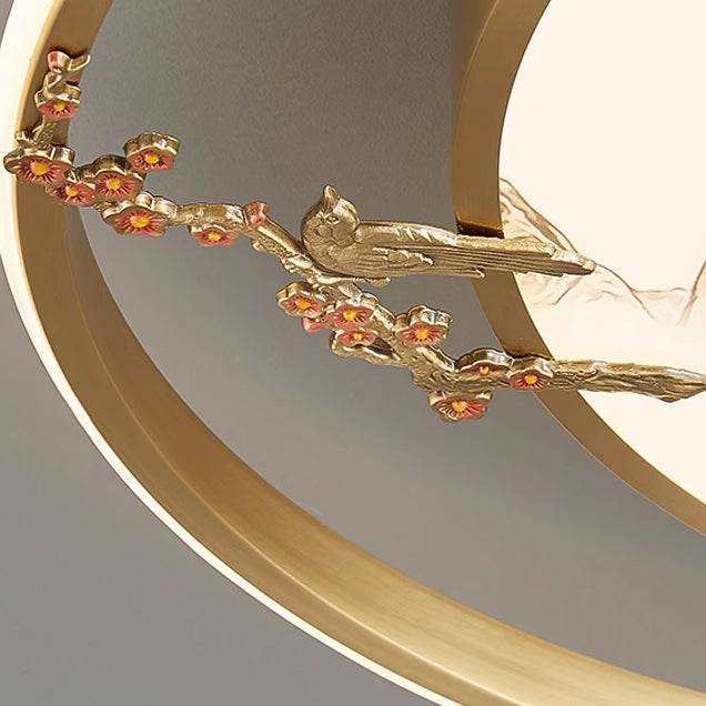 Traditional Chinese Round Feathers Magpie Lotus Fan Acrylic Copper LED Flush Mount Ceiling Light For Bedroom