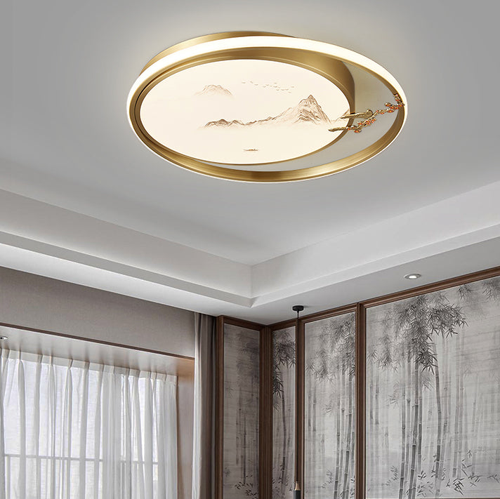 Traditional Chinese Round Feathers Magpie Lotus Fan Acrylic Copper LED Flush Mount Ceiling Light For Bedroom