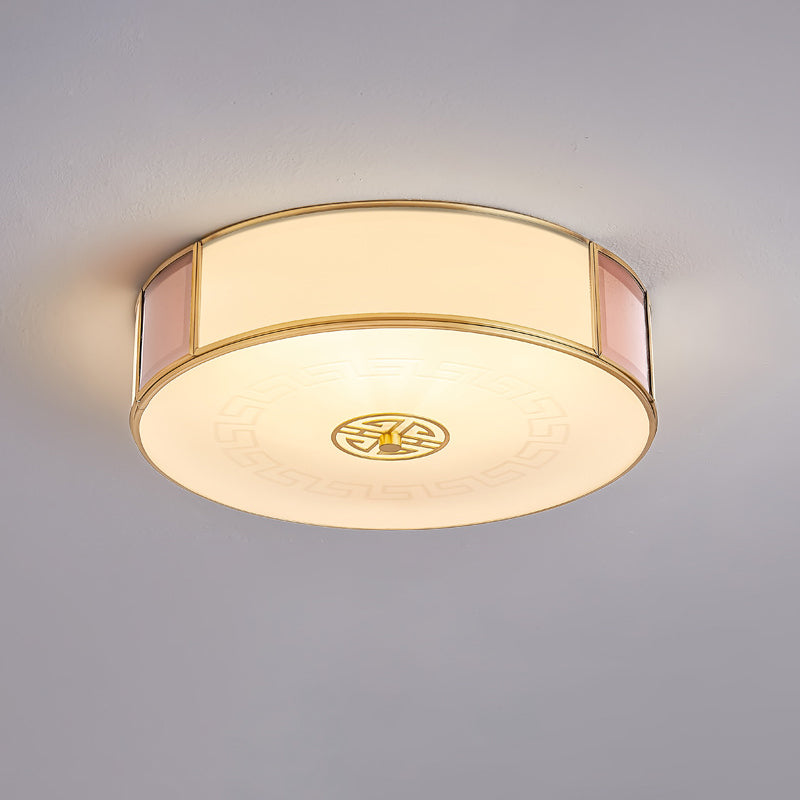 Traditional Chinese Round Glass Iron Copper LED Flush Mount Ceiling Light For Bedroom