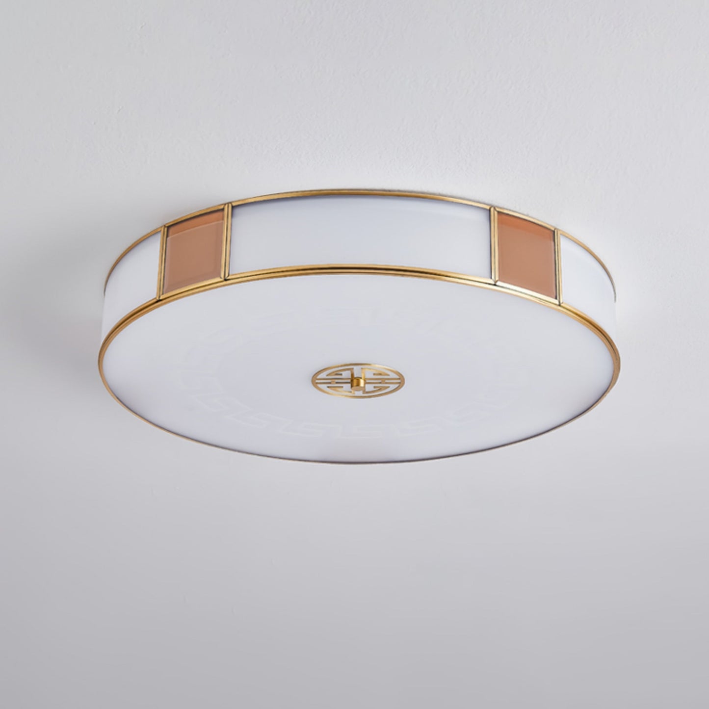 Traditional Chinese Round Glass Iron Copper LED Flush Mount Ceiling Light For Bedroom