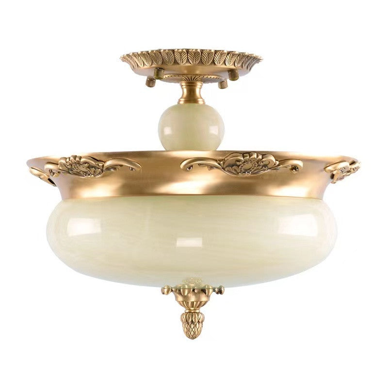 Traditional European Oval Carved Copper Jade LED Semi-Flush Mount Ceiling Light For Living Room