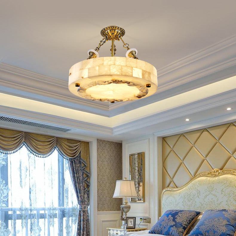 Traditional European Dome Round Cylinder Brass Marble 4/5/6 - Light Chandelier For Living Room