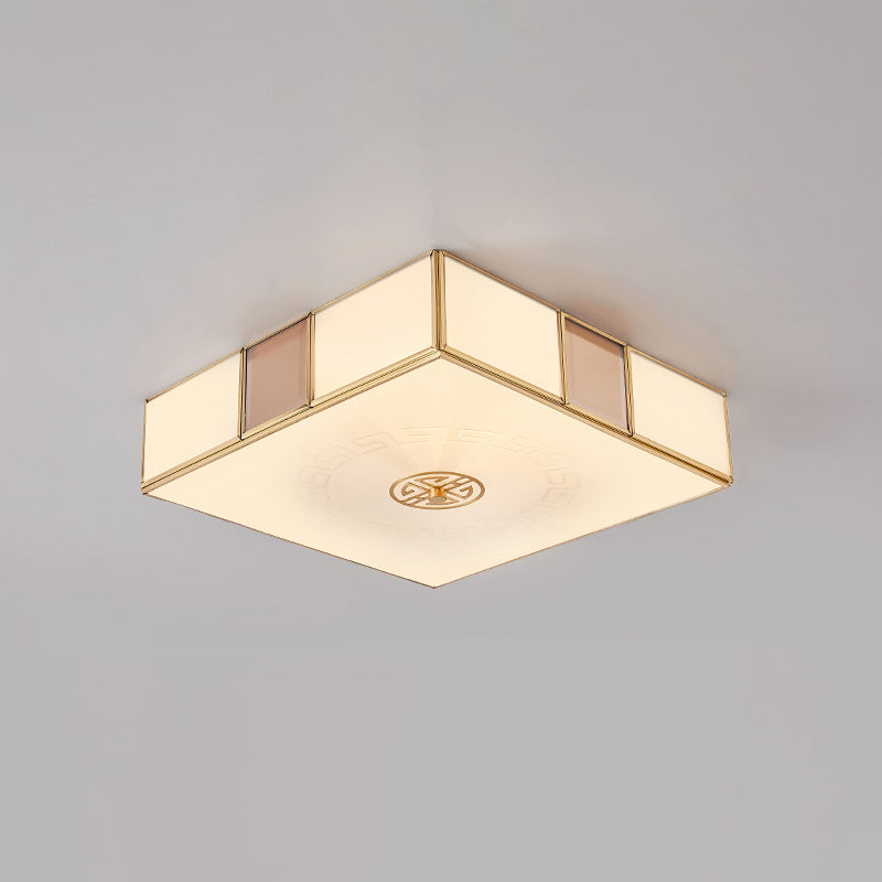 Traditional Chinese Square Lattice Glass Iron Copper LED Flush Mount Ceiling Light For Bedroom