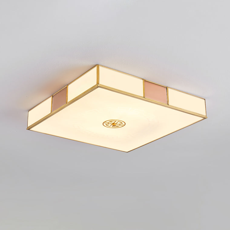 Traditional Chinese Square Lattice Glass Iron Copper LED Flush Mount Ceiling Light For Bedroom