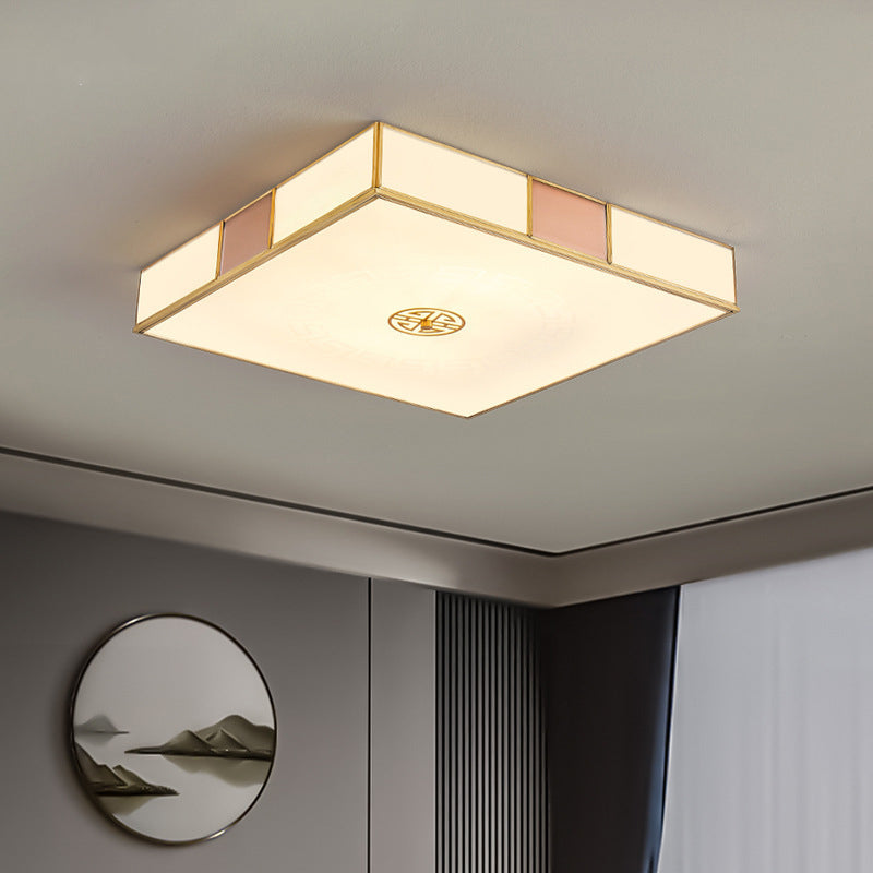 Traditional Chinese Square Lattice Glass Iron Copper LED Flush Mount Ceiling Light For Bedroom