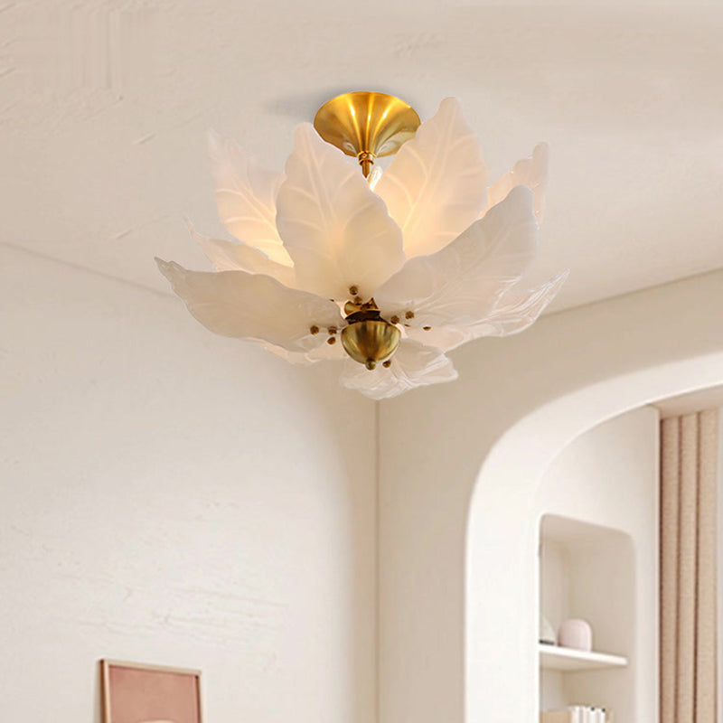 Traditional French Dome Leaves Shape Iron Glass 5 - Light Chandelier For Living Room