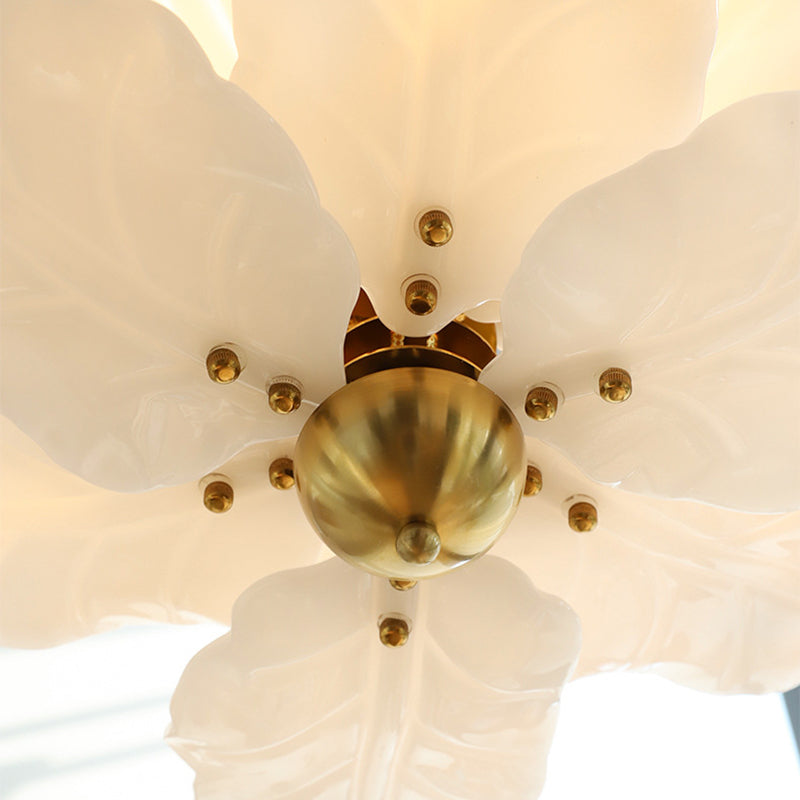 Traditional French Dome Leaves Shape Iron Glass 5 - Light Chandelier For Living Room