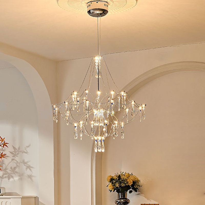 Traditional French Dome Branch Water Drop Crystal Stainless Steel Hardware LED Chandeliers For Living Room