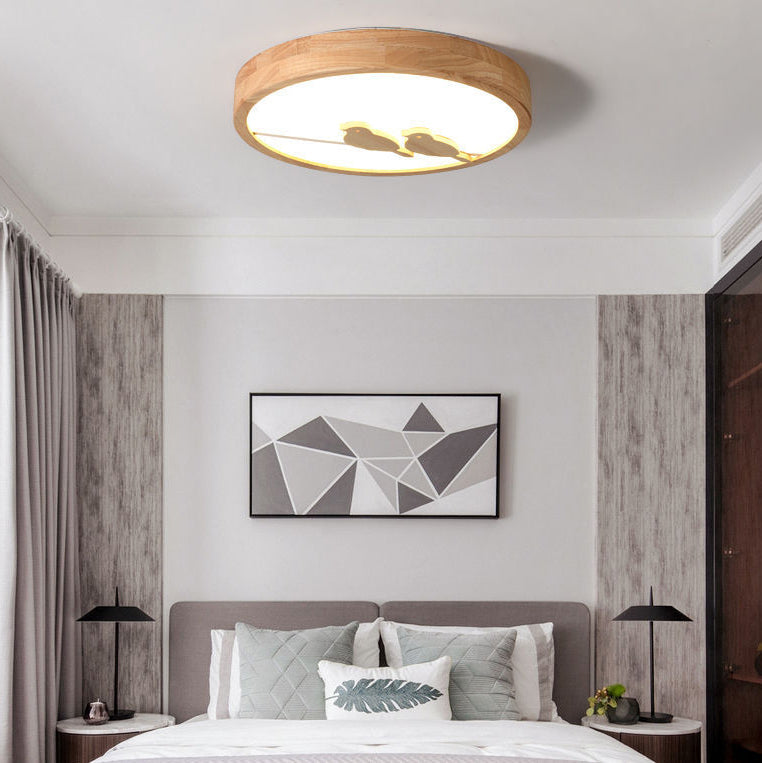 Contemporary Nordic Round Birds Acrylic Rubber Wood LED Flush Mount Ceiling Light For Bedroom