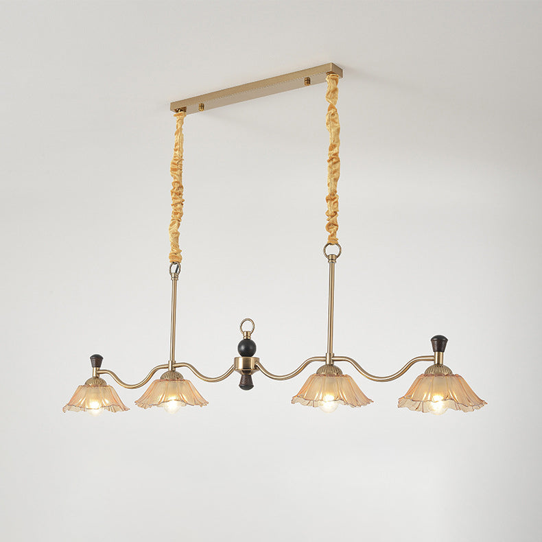 Traditional French Flower Iron Solid Wood Glass 4 - Light Chandelier Island Light For Dining Room
