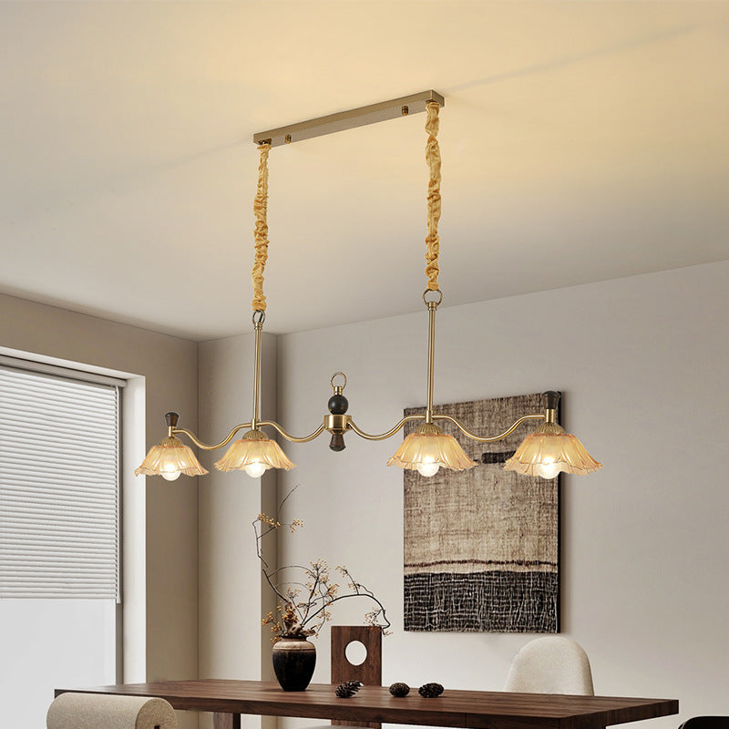 Traditional French Flower Iron Solid Wood Glass 4 - Light Chandelier Island Light For Dining Room