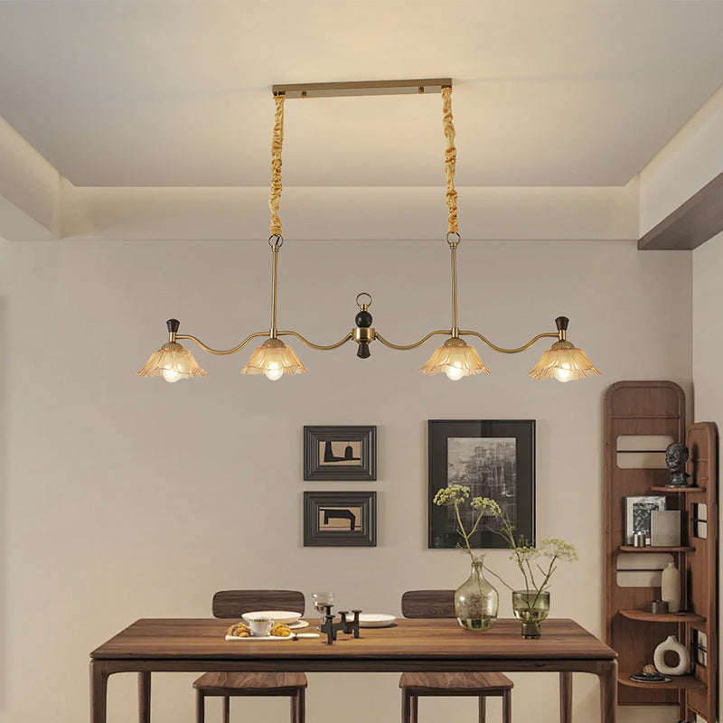 Traditional French Flower Iron Solid Wood Glass 4 - Light Chandelier Island Light For Dining Room