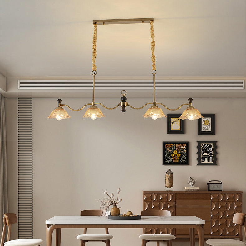Traditional French Flower Iron Solid Wood Glass 4 - Light Chandelier Island Light For Dining Room