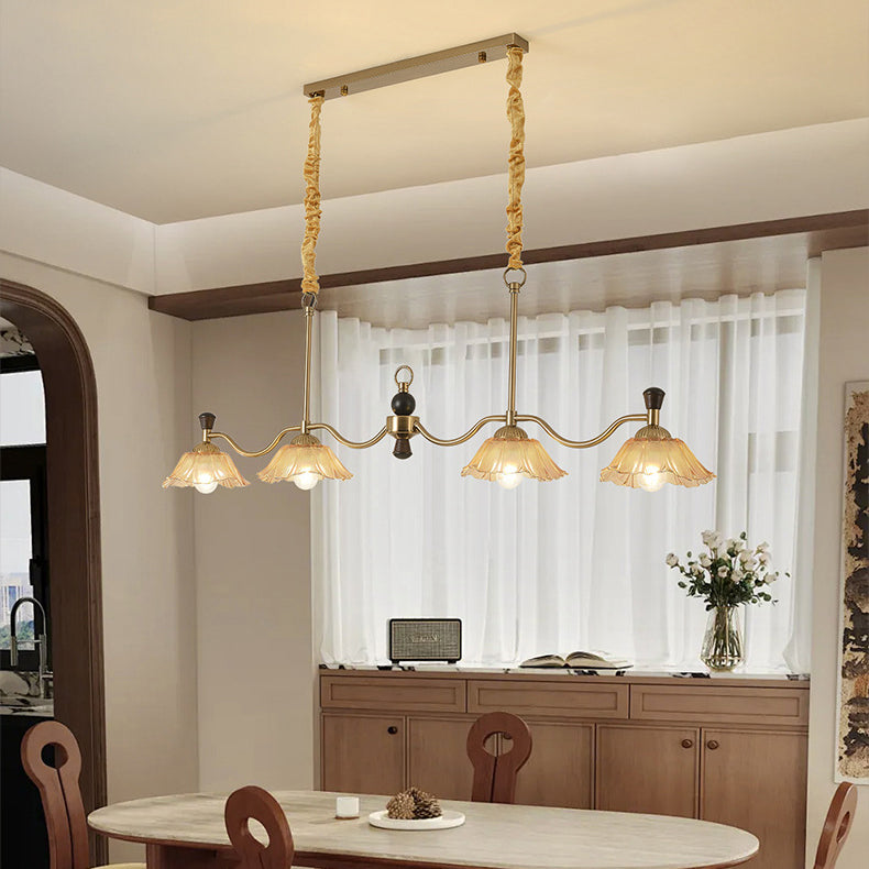 Traditional French Flower Iron Solid Wood Glass 4 - Light Chandelier Island Light For Dining Room