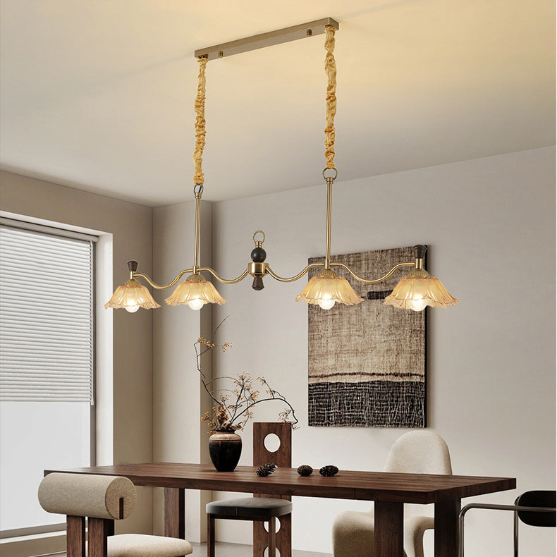 Traditional French Flower Iron Solid Wood Glass 4 - Light Chandelier Island Light For Dining Room
