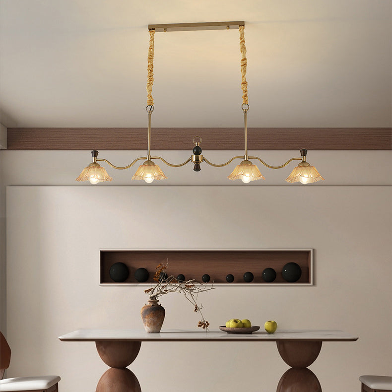 Traditional French Flower Iron Solid Wood Glass 4 - Light Chandelier Island Light For Dining Room