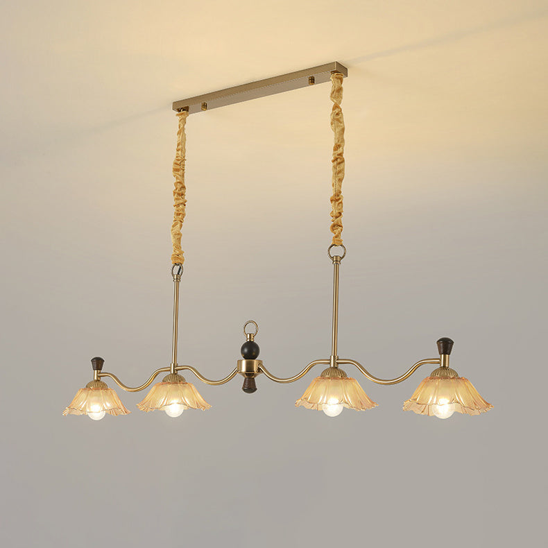 Traditional French Flower Iron Solid Wood Glass 4 - Light Chandelier Island Light For Dining Room