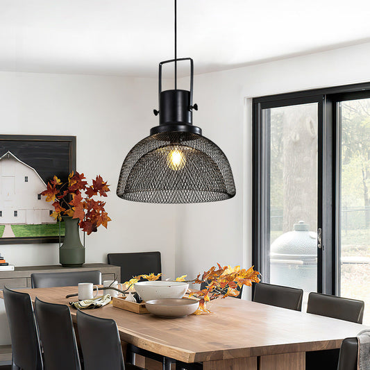 現代的なスカンジナビアの半円形錬鉄グリッドランプシェード1灯 - ダイニングルーム用ペンダントライト