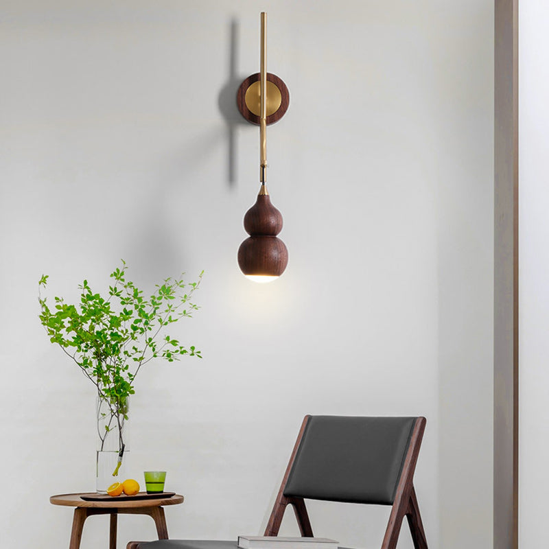 Traditional Chinese Gourd Copper Walnut Lampshade 1 - Light Wall Sconce Lamp For Living Room